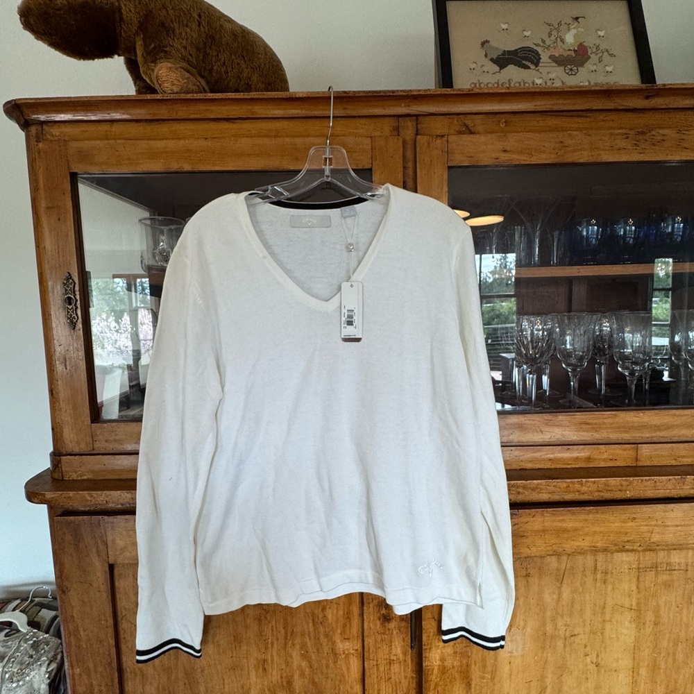 Callaway Women's White V-Neck Sweater with Black Trim